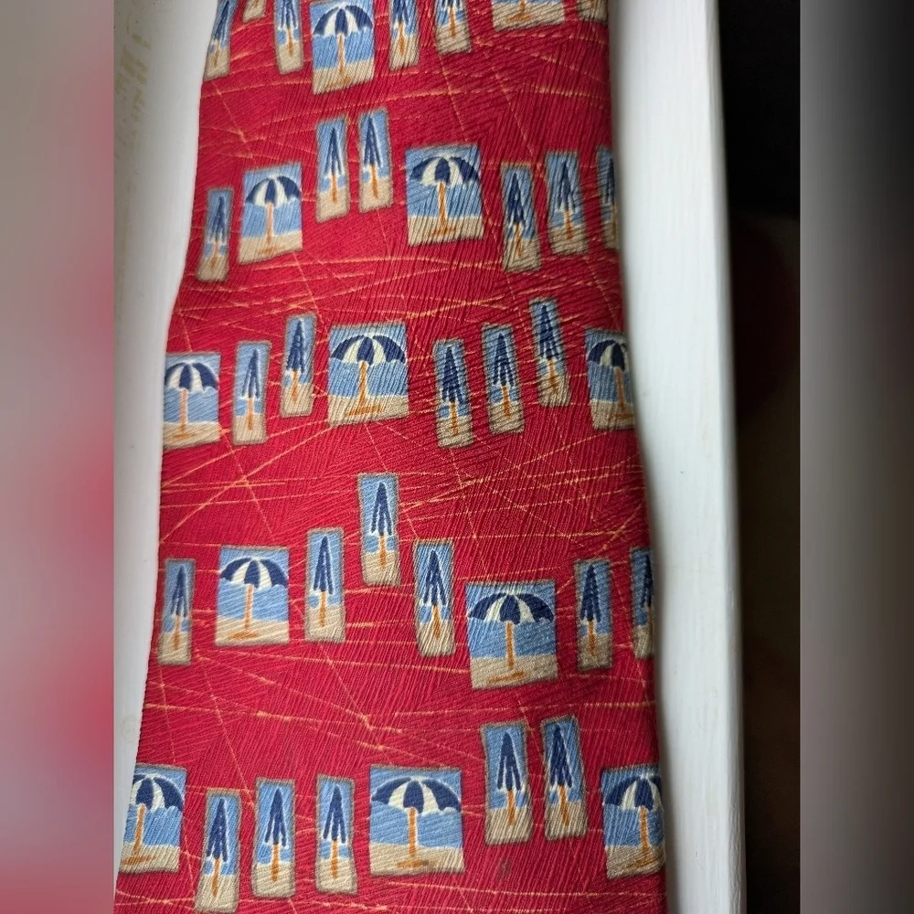 Ferrell Reed Silk Red Tie with Beach Umbrella Pattern